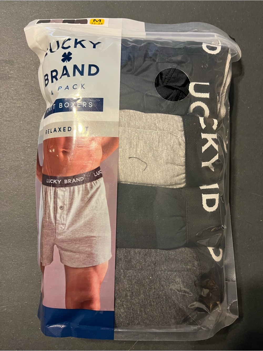 Lucky Brand 4 Pack Knit Boxers Relaxed Fit Black & Gray Medium NWT
